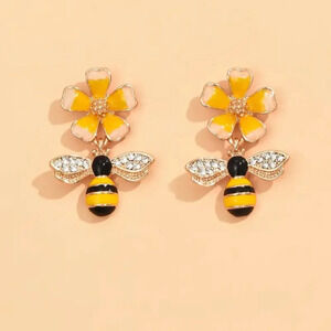 Cute Colorful Floral Bee themed Drip Glaze Bee Flower Fashion Dangle Earrings